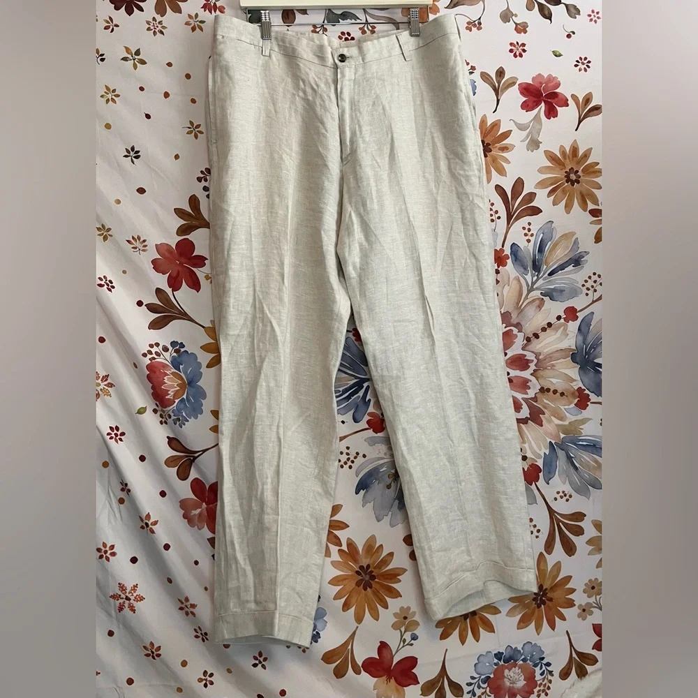 Charleston Khakis 35R Subtle Chevron Pleated Cuffed Beige Preppy Casual Pants
